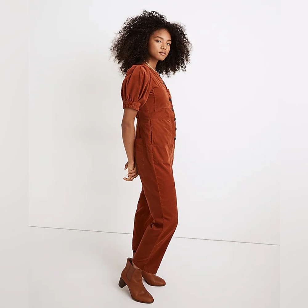Corduroy Puff-Sleeve Button-Front Jumpsuit in Warm Nutmeg size 0